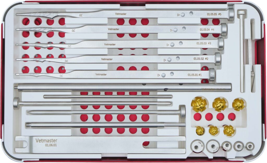Vetmaster small animal total hip replacement surgical instrument kit, displaying comprehensive orthopedic tools organized in sterilization trays including broaches, impactors, and alignment guides.