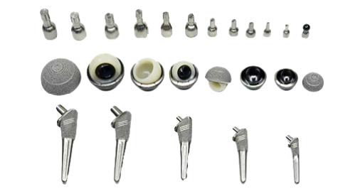 A comprehensive display of Vetmaster small animal total hip replacement implants, including various sizes of femoral stems, cups, and dual mobility heads with porous coating.